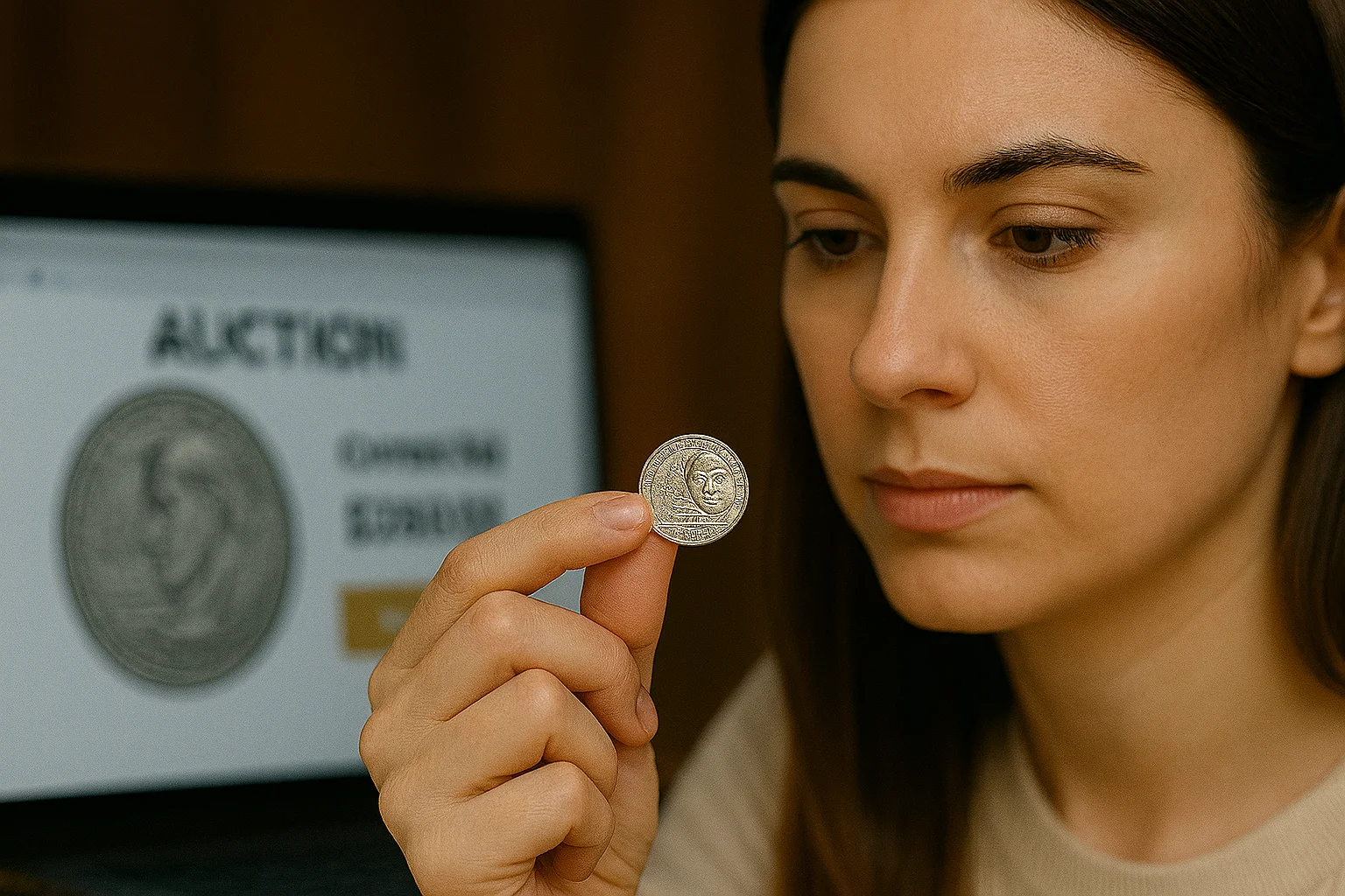 A modern collector examines the Anna May Wong quarter in detail, with an auction website open in the background.