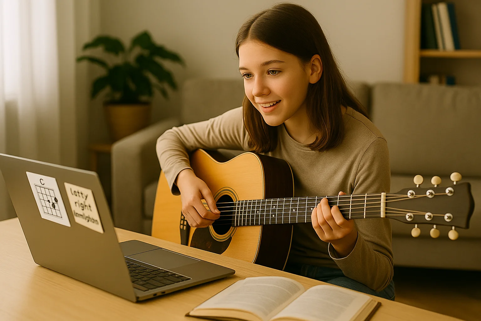 A teenage girl practices guitar at home to get new skills and improve her brain.