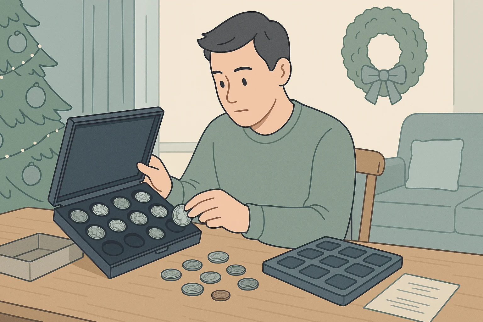 A coin collector unpacks a hobby-related gift for Christmas.