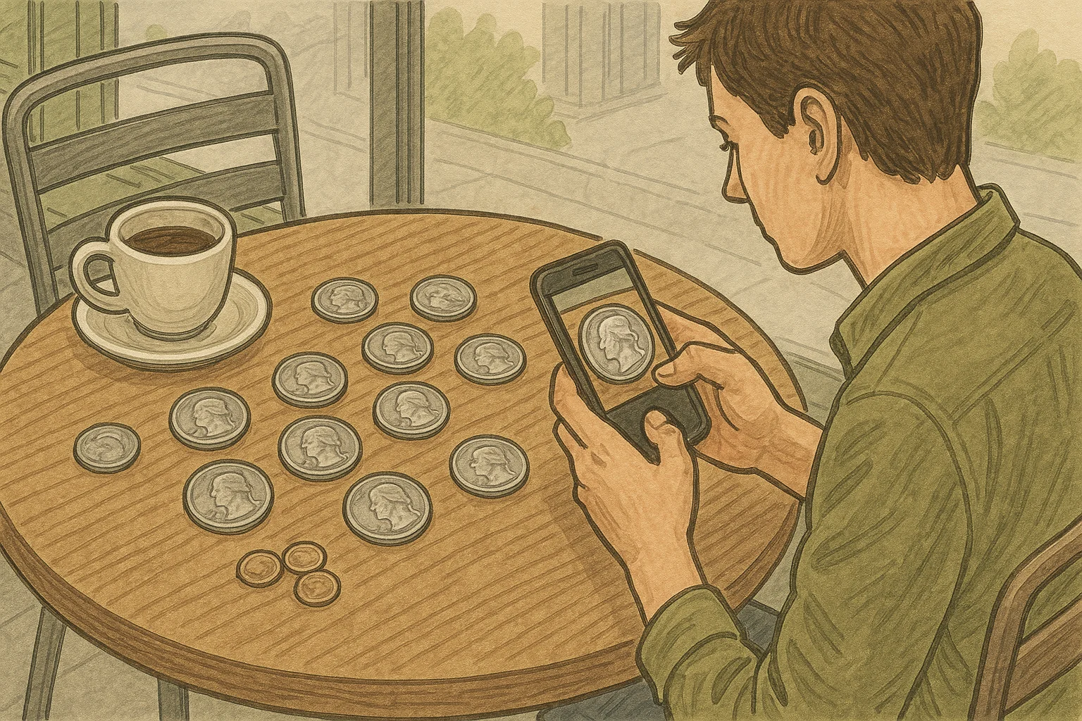 A collector checks coins via the coin scanner app at the cafe table.