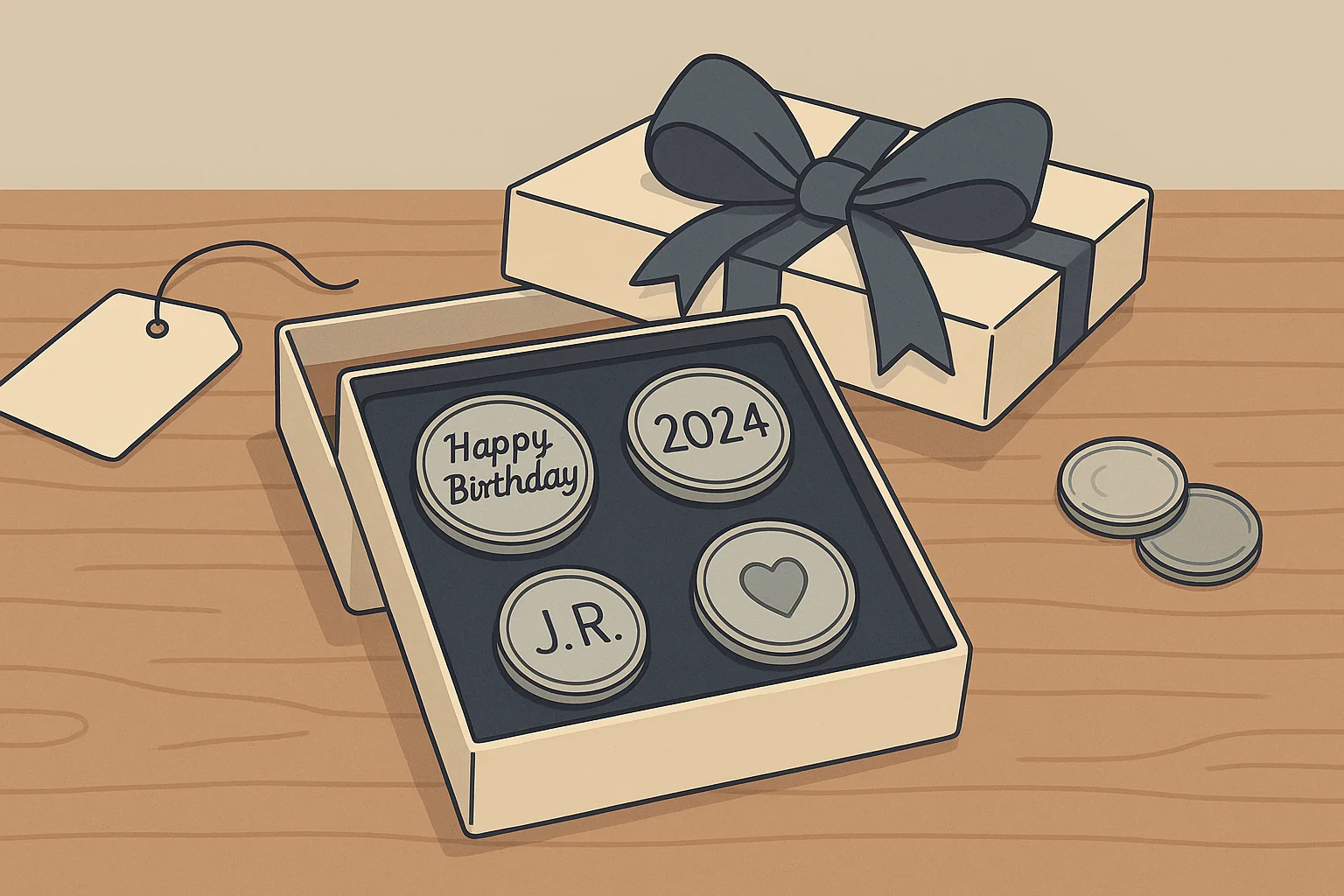 A gift box filled with custom memorable coins.